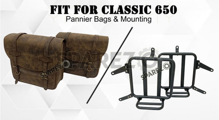 For Royal Enfield Classic 650 Genuine Leather Pannier Bags Dust Color With Mounting - SPAREZO